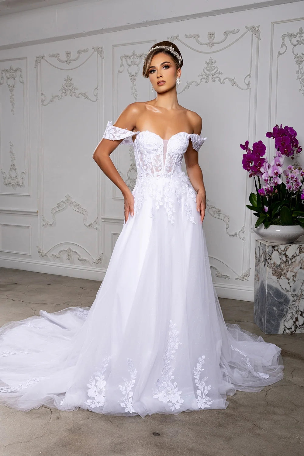 Off Shoulder A-line Bridal Gown by May Queen RQ8275