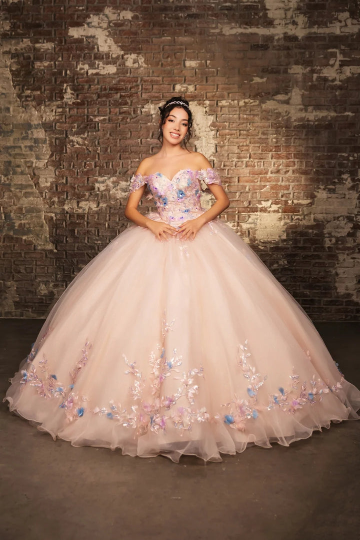 Floral Off Shoulder Ruffled Ball Gown by May Queen LK247