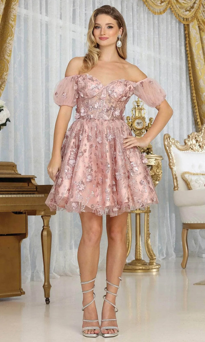 3D Floral Short Off Shoulder Dress by May Queen MQ2040