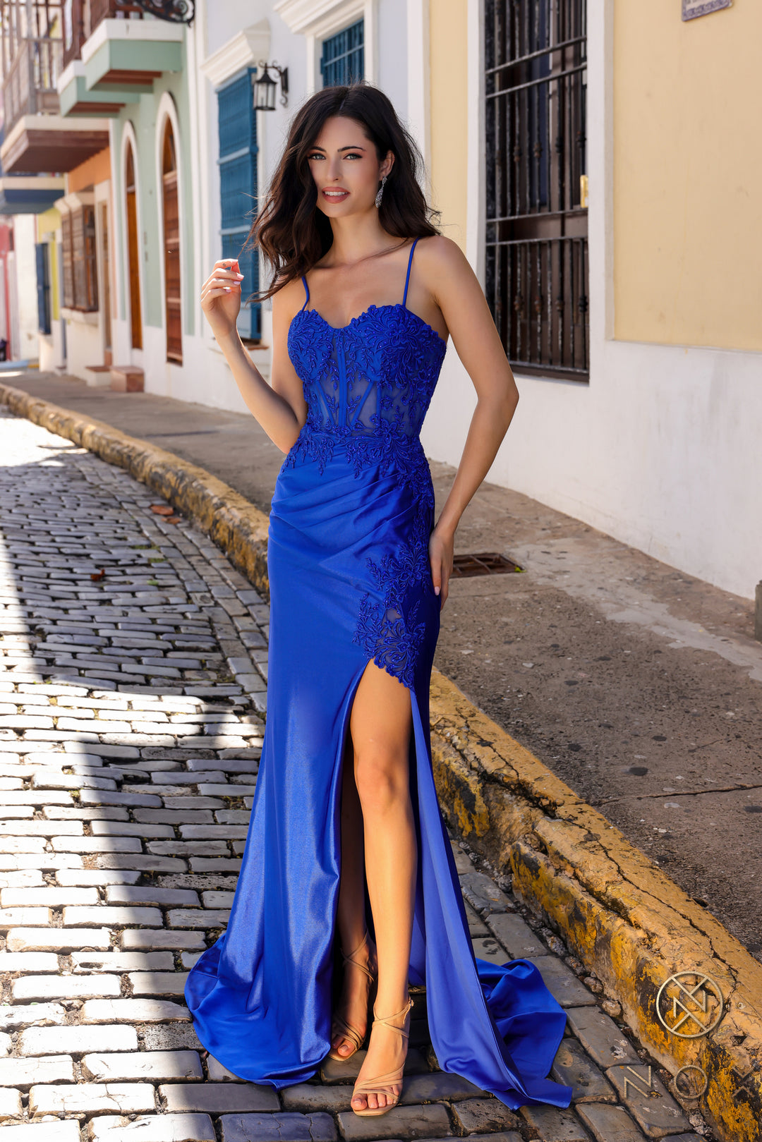 Fitted Applique Satin Sleeveless Slit Gown by Nox Anabel A1374