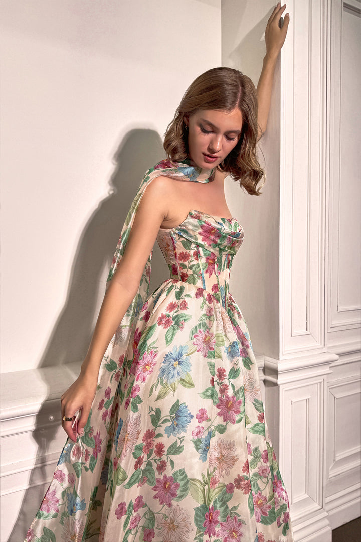 Floral Print Strapless Gown by Andrea and Leo A1425