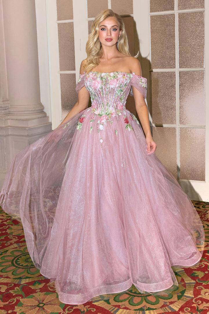 Applique Off Shoulder Gown by Andrea and Leo A1479