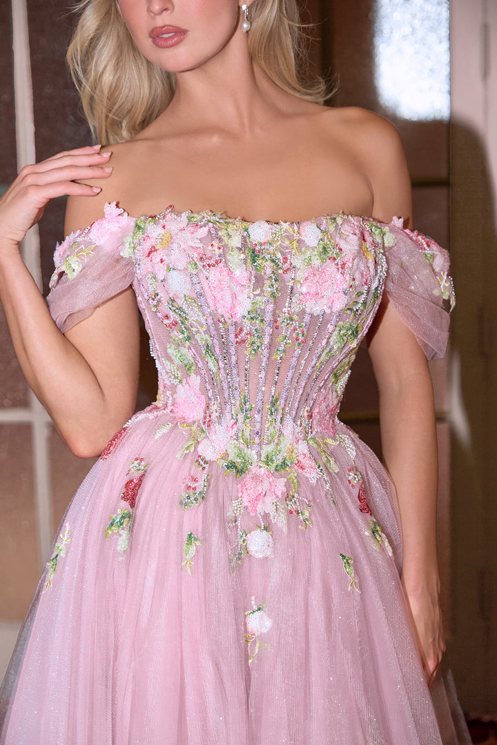 Applique Off Shoulder Gown by Andrea and Leo A1479