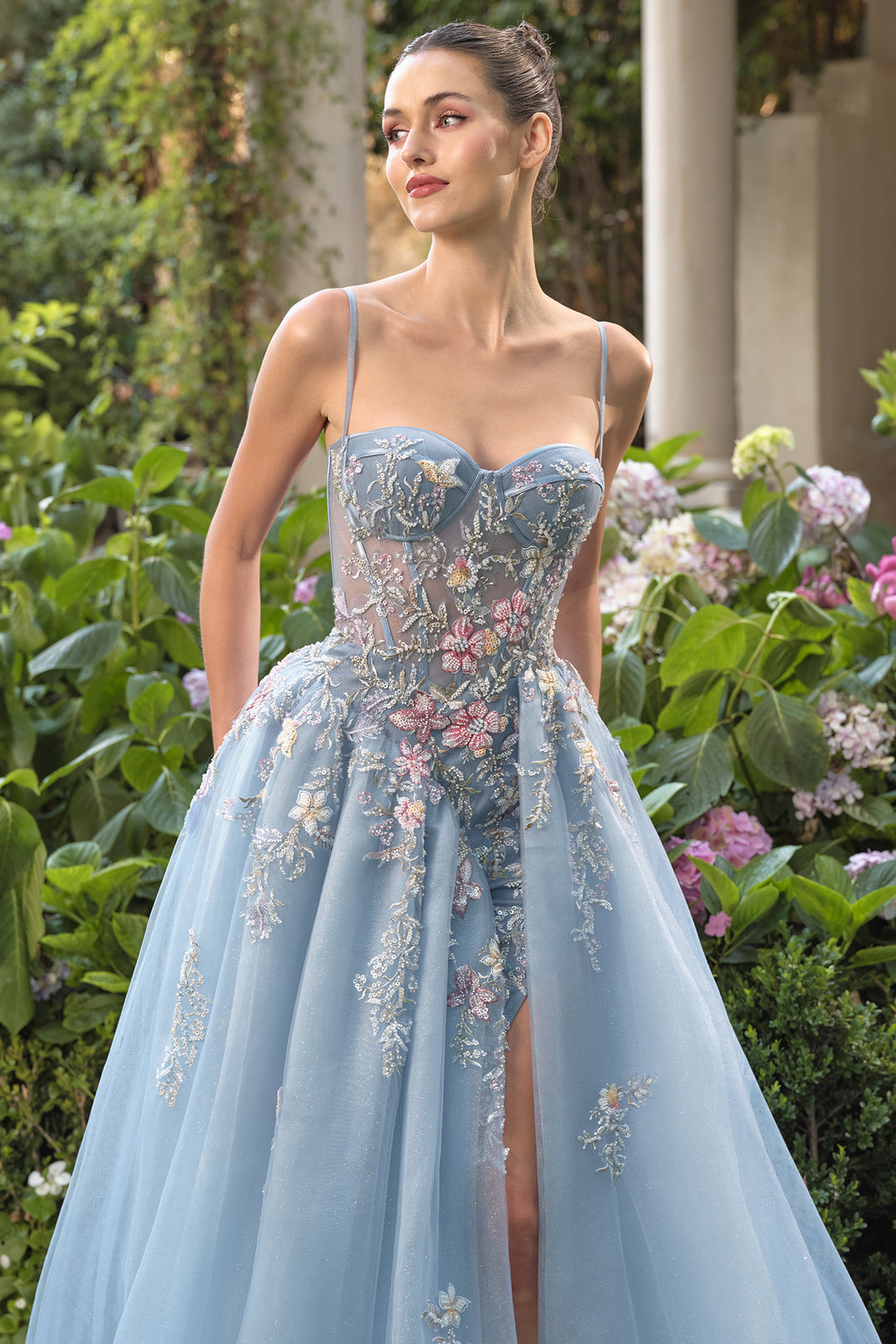 Applique A-line Slit Gown by Andrea and Leo A1490