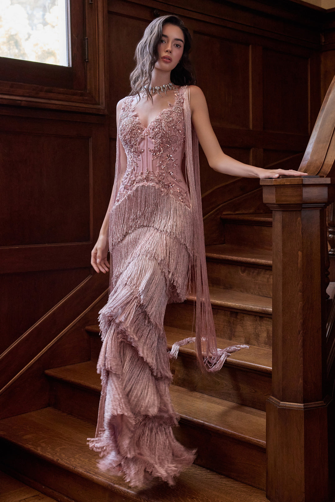 Beaded V-Neck Fringe Gown by Andrea and Leo A1529