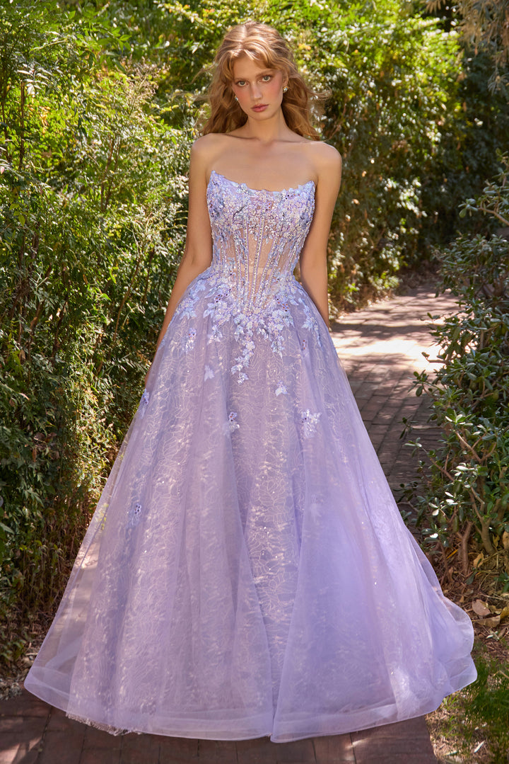 Applique Strapless Gown by Andrea and Leo A1537