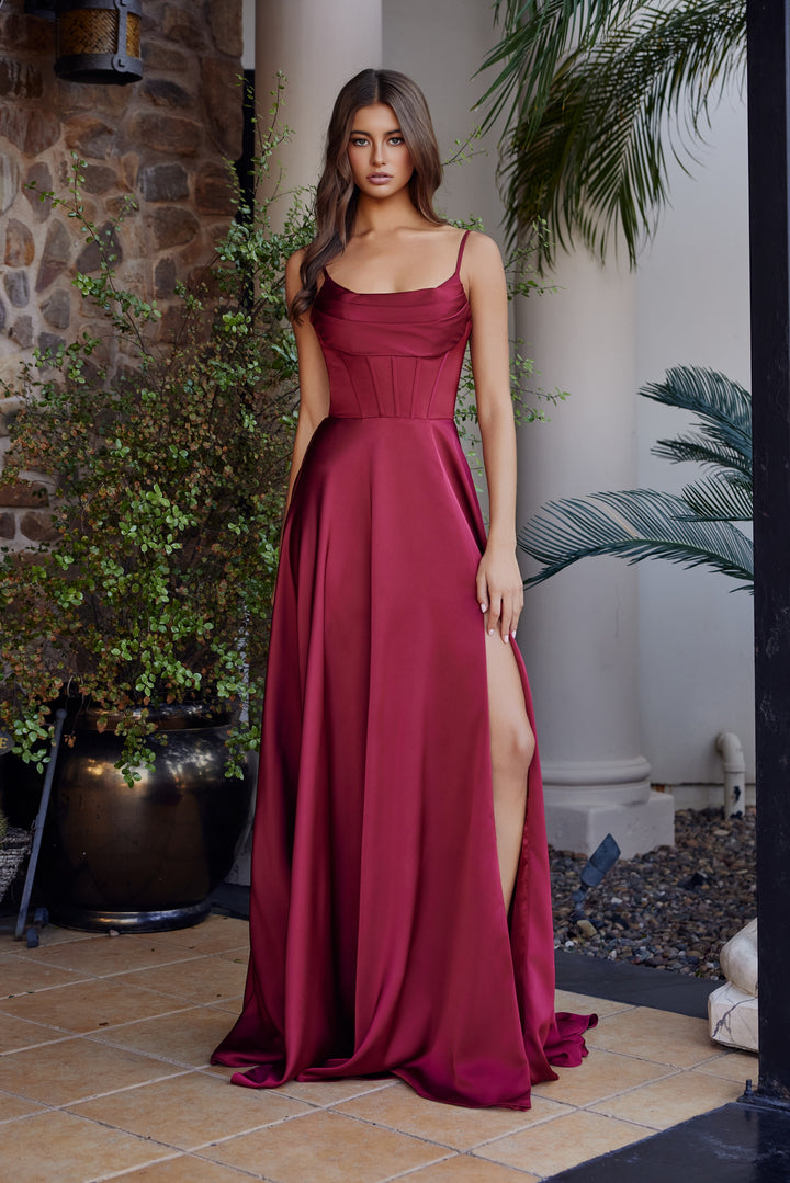 Satin Sleeveless A-line Slit Gown by Nox Anabel A1744