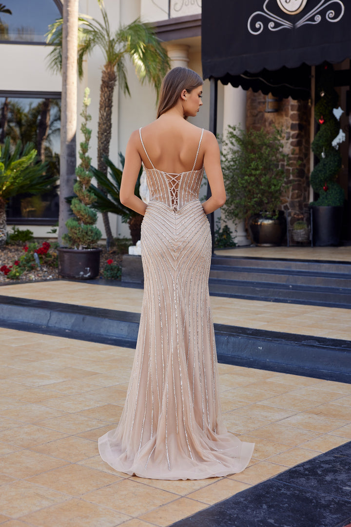 Beaded Tulle V-Neck Slit Gown by Nox Anabel A1746
