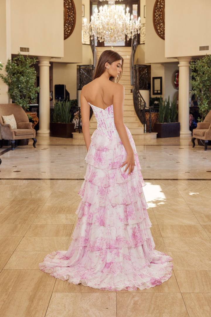Print Strapless A-line Tiered Gown by Nox Anabel A1752