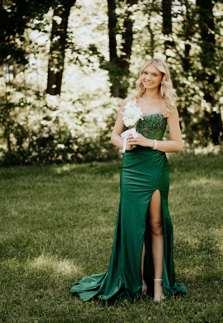 Beaded Strapless Slit Gown by Amelia Couture 3107