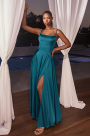 Long Satin Sleeveless A-line Slit Gown by Ladivine B8402