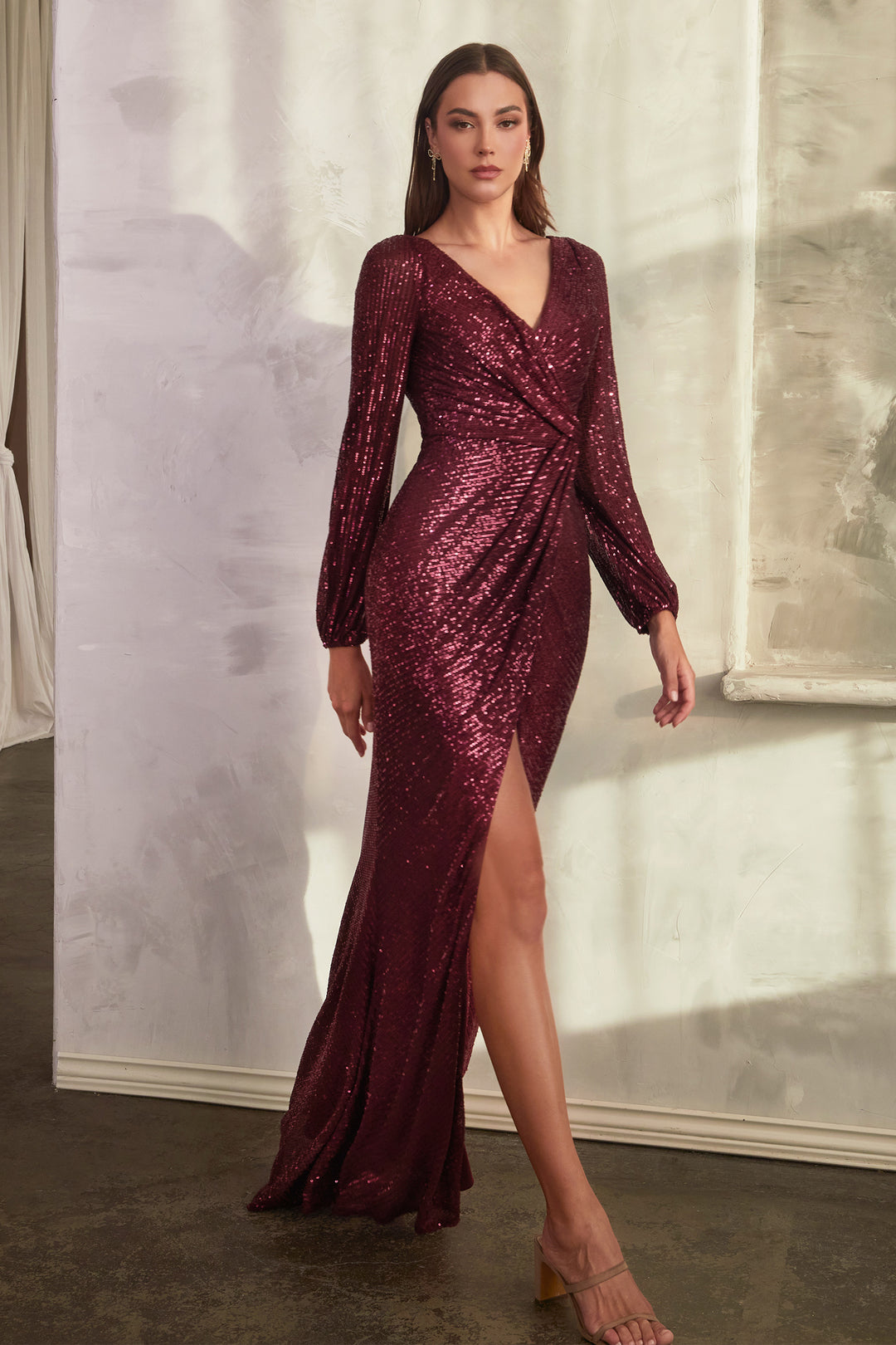 Fitted Sequin Long Sleeve Slit Gown by Ladivine B8422