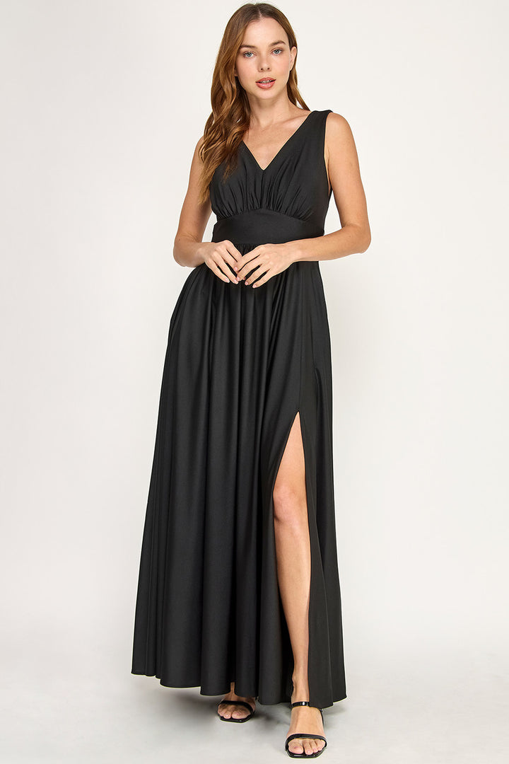 Long Sleeveless A-line Slit Dress by Lenovia 3120