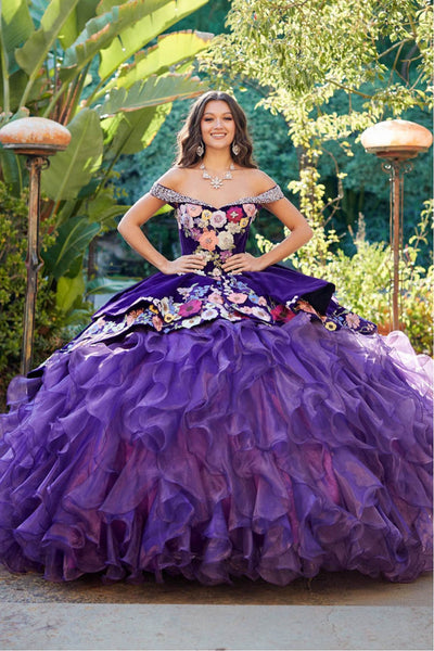 Floral Charro Off Shoulder Ruffled Ball Gown by Petite Adele PQ1050