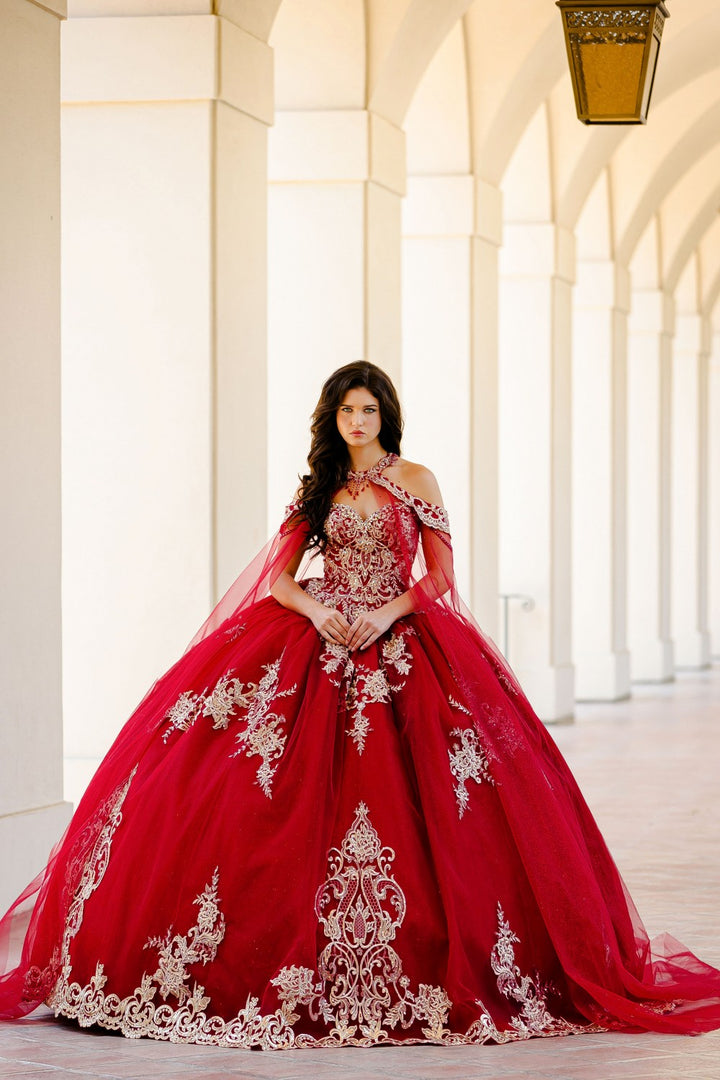 Embroidered Applique Cape Ball Gown by Petite Adele PQ1016