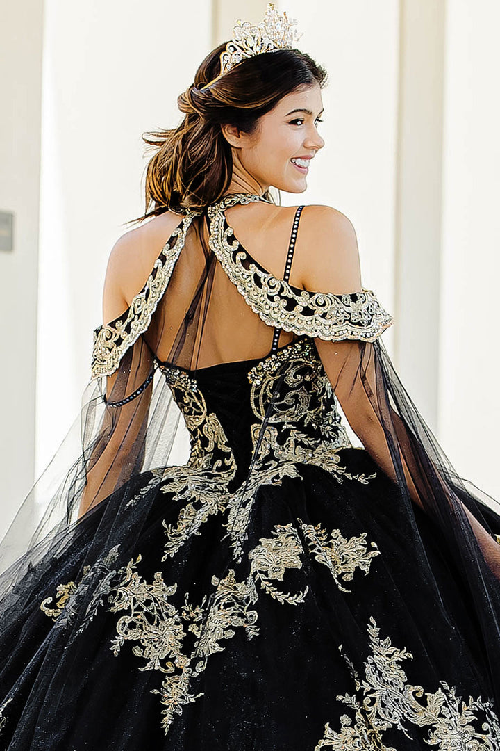 Embroidered Applique Cape Ball Gown by Petite Adele PQ1016