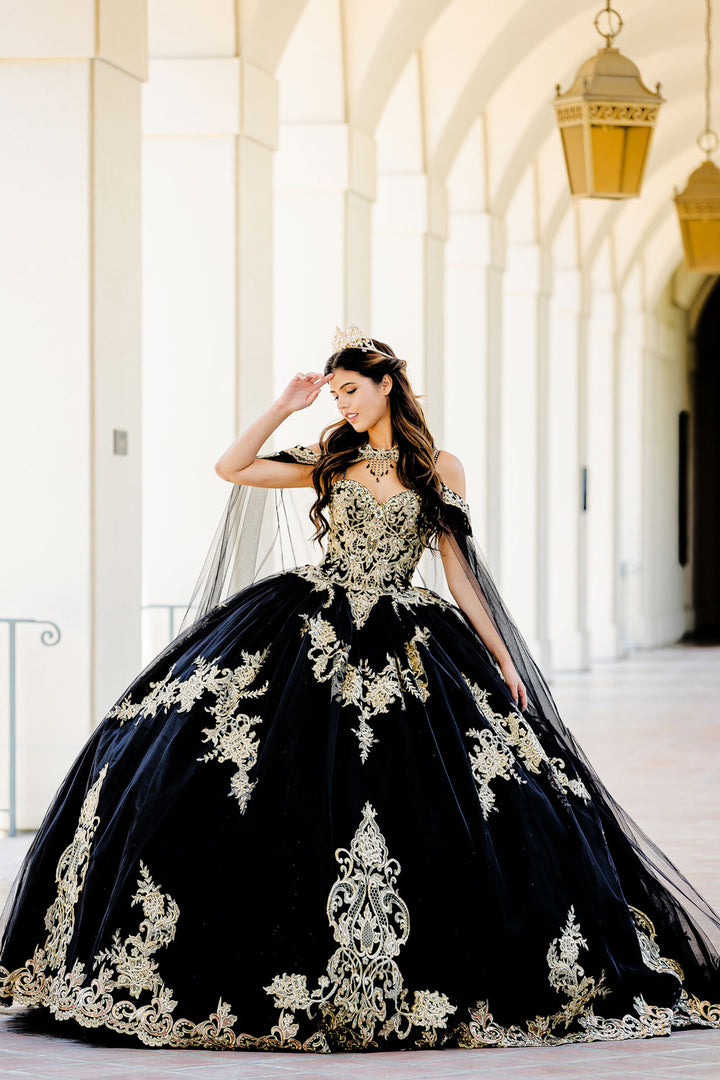 Embroidered Applique Cape Ball Gown by Petite Adele PQ1016