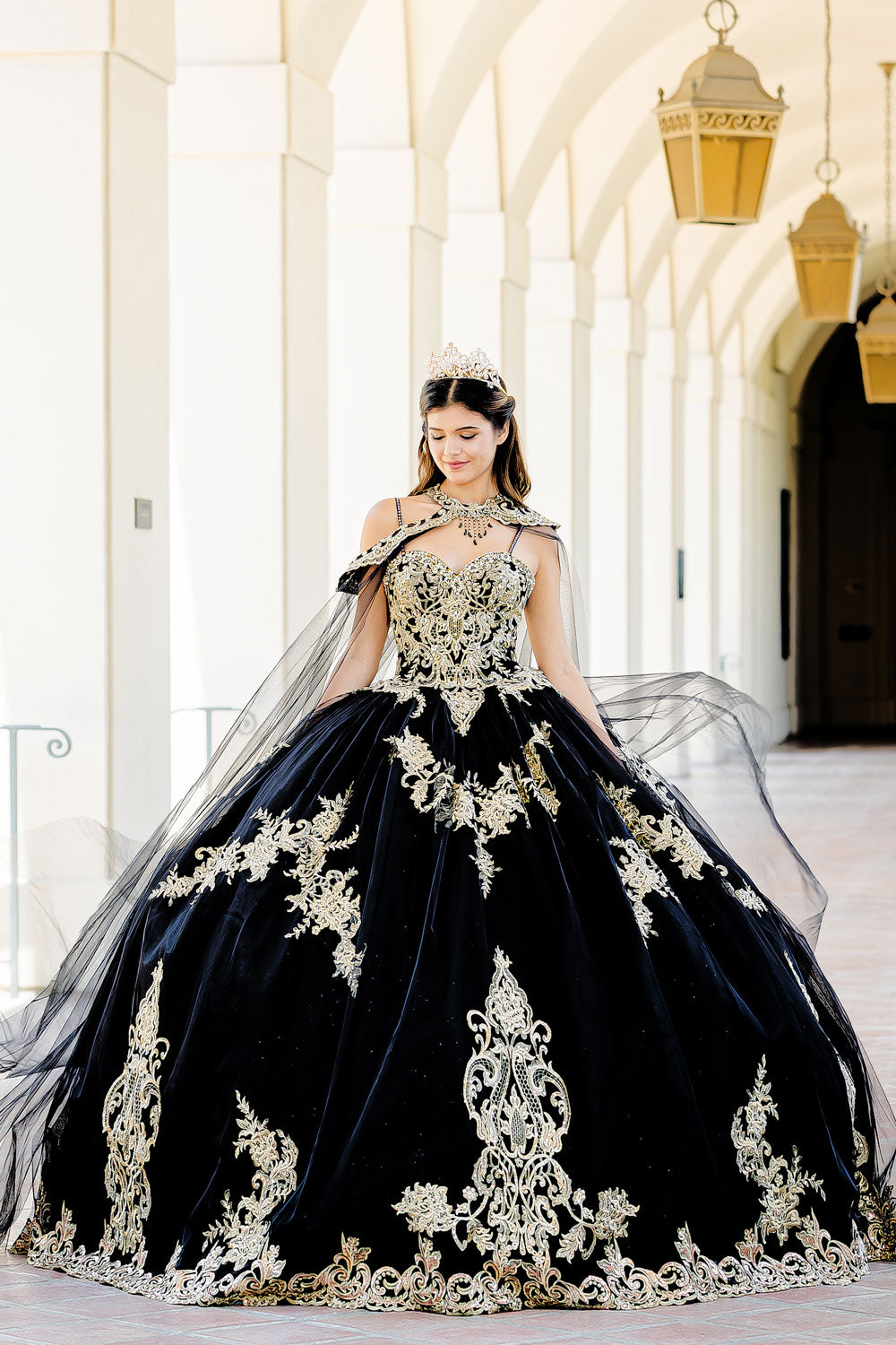 Embroidered Applique Cape Ball Gown by Petite Adele PQ1016