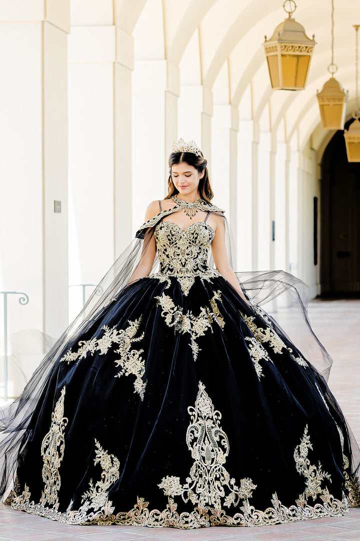 Embroidered Applique Cape Ball Gown by Petite Adele PQ1016