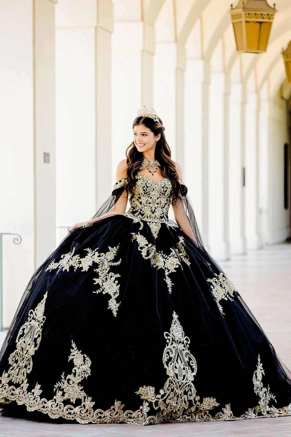 Embroidered Applique Cape Ball Gown by Petite Adele PQ1016