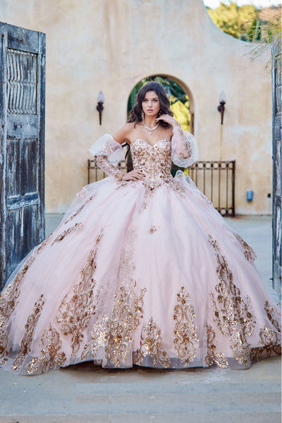 Strapless Puff Sleeve Tiered Ball Gown by Petite Adele PQ1054
