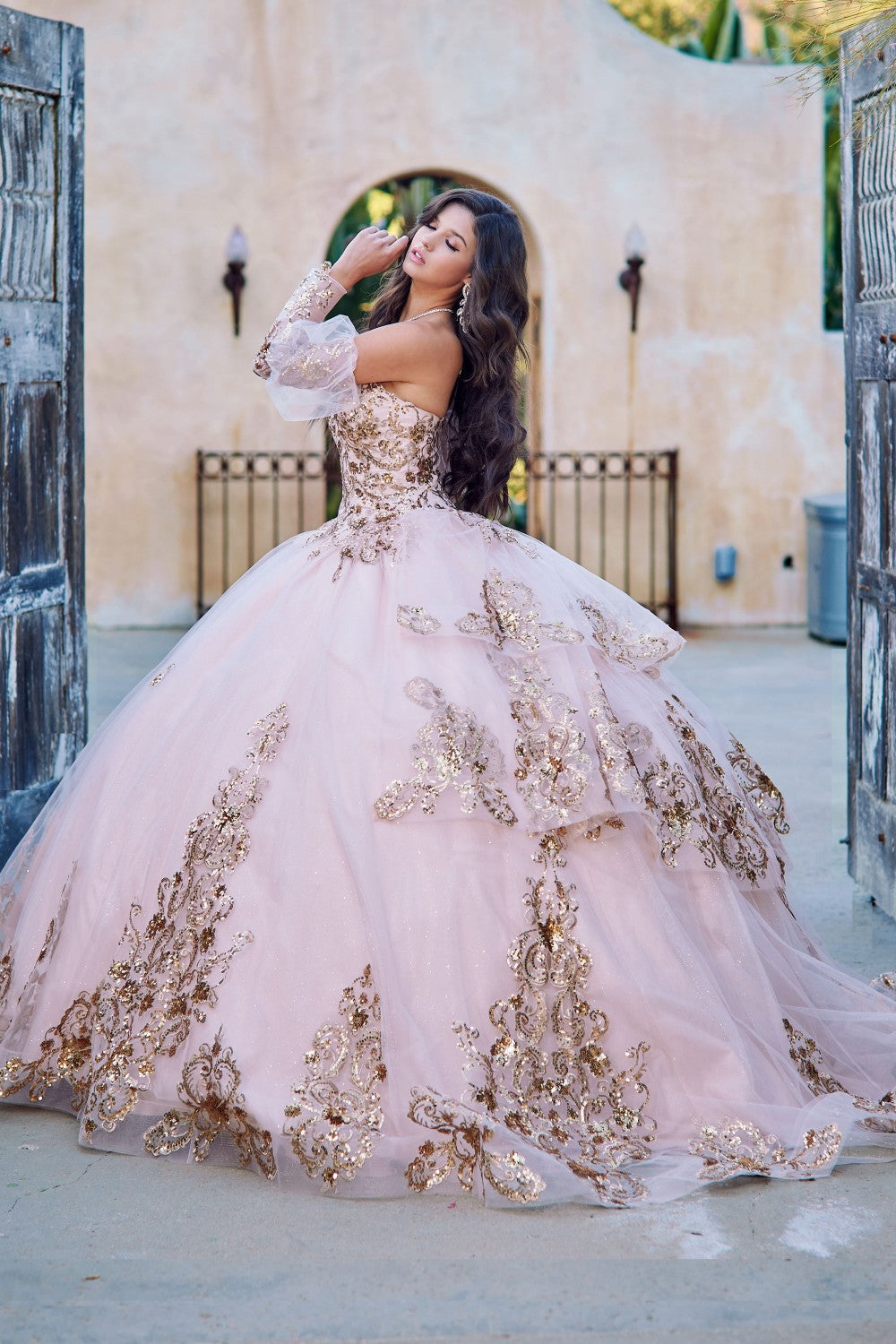 Strapless Puff Sleeve Tiered Ball Gown by Petite Adele PQ1054