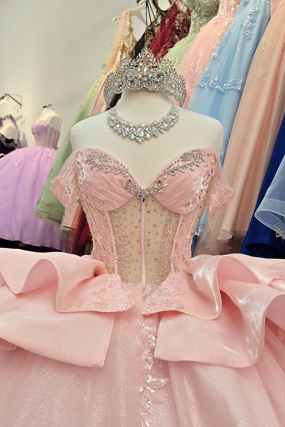 Off Shoulder Ruffled Ball Gown by Petite Adele PQ1079
