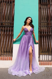 Glitter Ombre Sleeveless A-line Slit Gown by Nox Anabel C1251