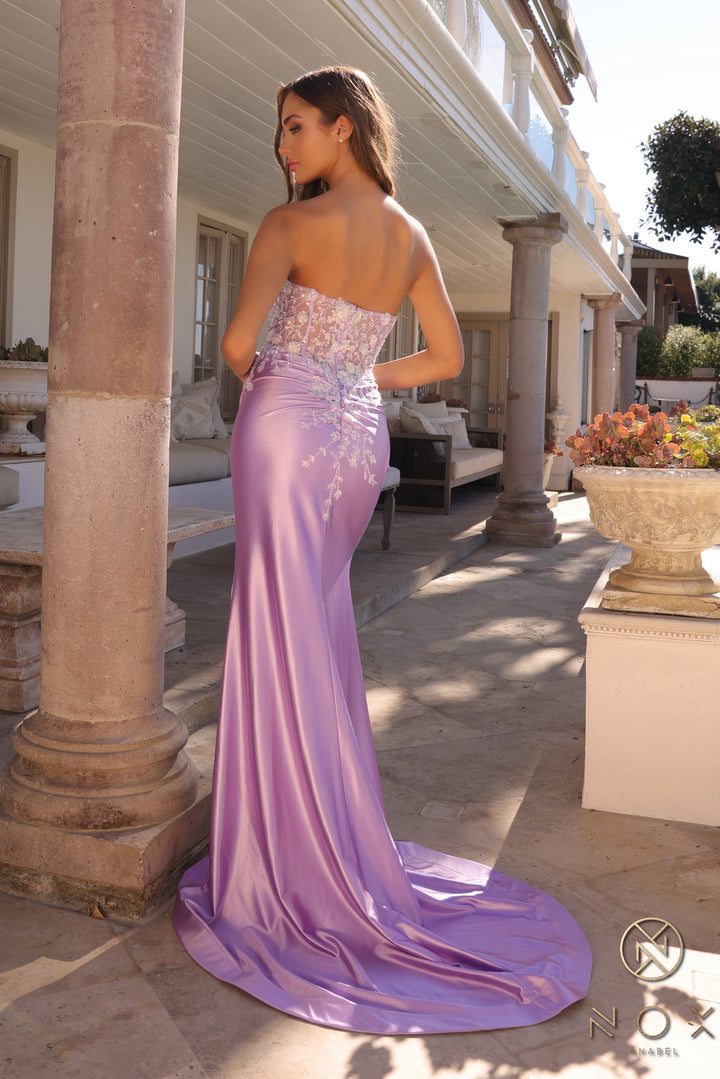 Fitted Applique Satin Strapless Slit Gown by Nox Anabel C1346