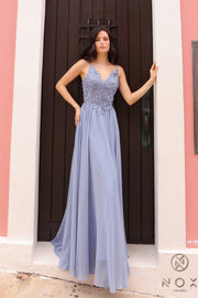 Lace Applique Sleeveless Chiffon Gown by Nox Anabel C1462