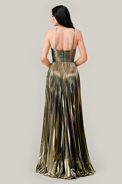 Pleated Halter Metallic Lame A-line Slit Gown by Ladivine C153