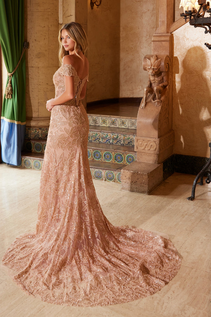 Beaded Tulle Off Shoulder Slit Gown by Nox Anabel C1600 - Outlet