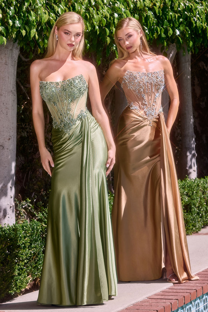 Beaded Satin Strapless Slit Gown by Ladivine C169