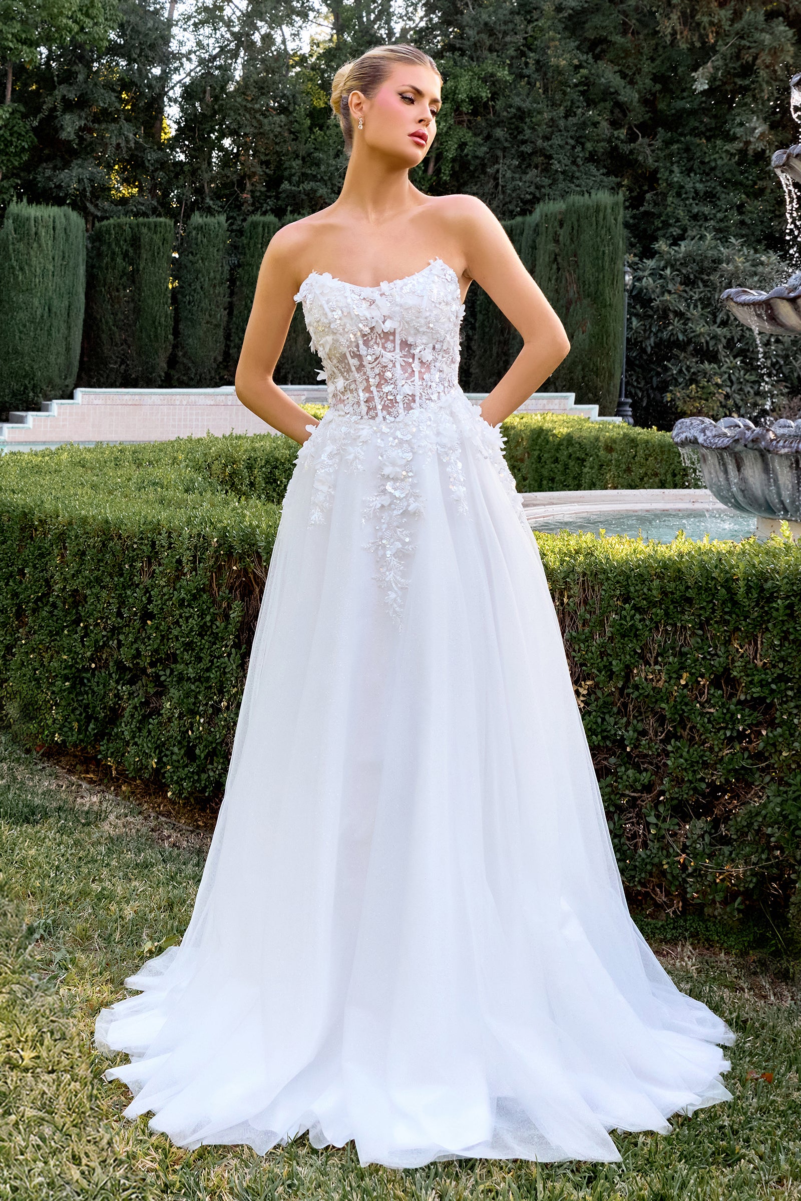 White 3D Floral Strapless A-line Gown by Ladivine C174W – ABC Fashion
