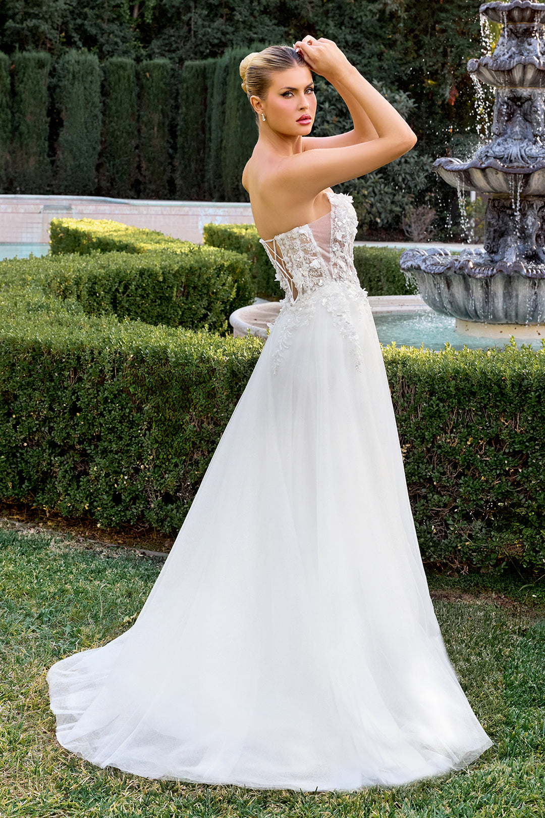 White 3D Floral Strapless A-line Gown by Ladivine C174W
