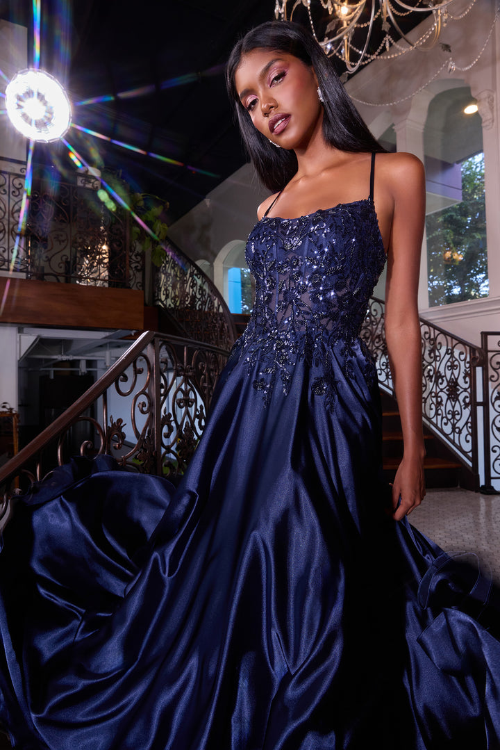 Applique Satin Sleeveless A-line Gown by Ladivine C179