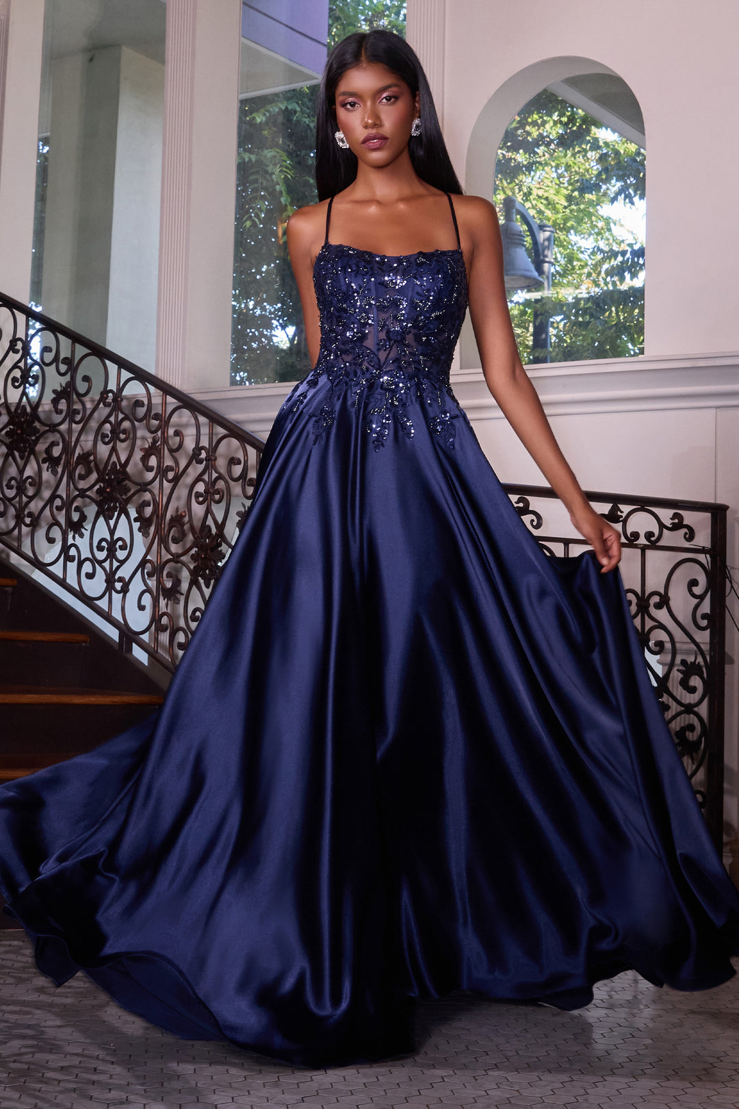 Applique Satin Sleeveless A-line Gown by Ladivine C179