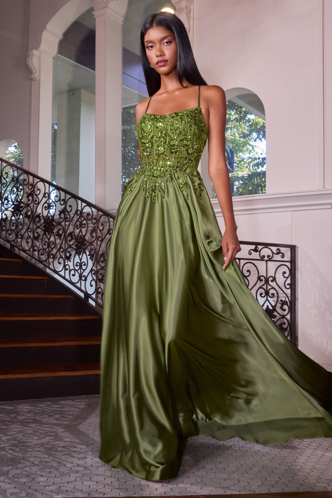 Applique Satin Sleeveless A-line Gown by Ladivine C179