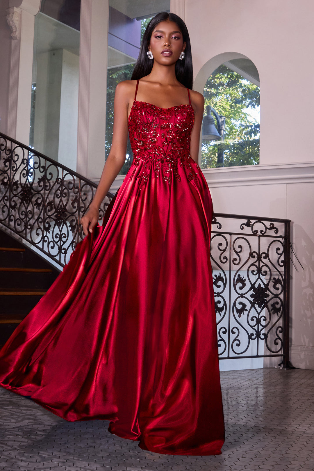 Applique Satin Sleeveless A-line Gown by Ladivine C179