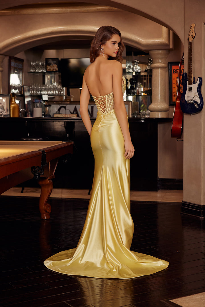 Beaded Satin Strapless Slit Gown by Nox Anabel C1830
