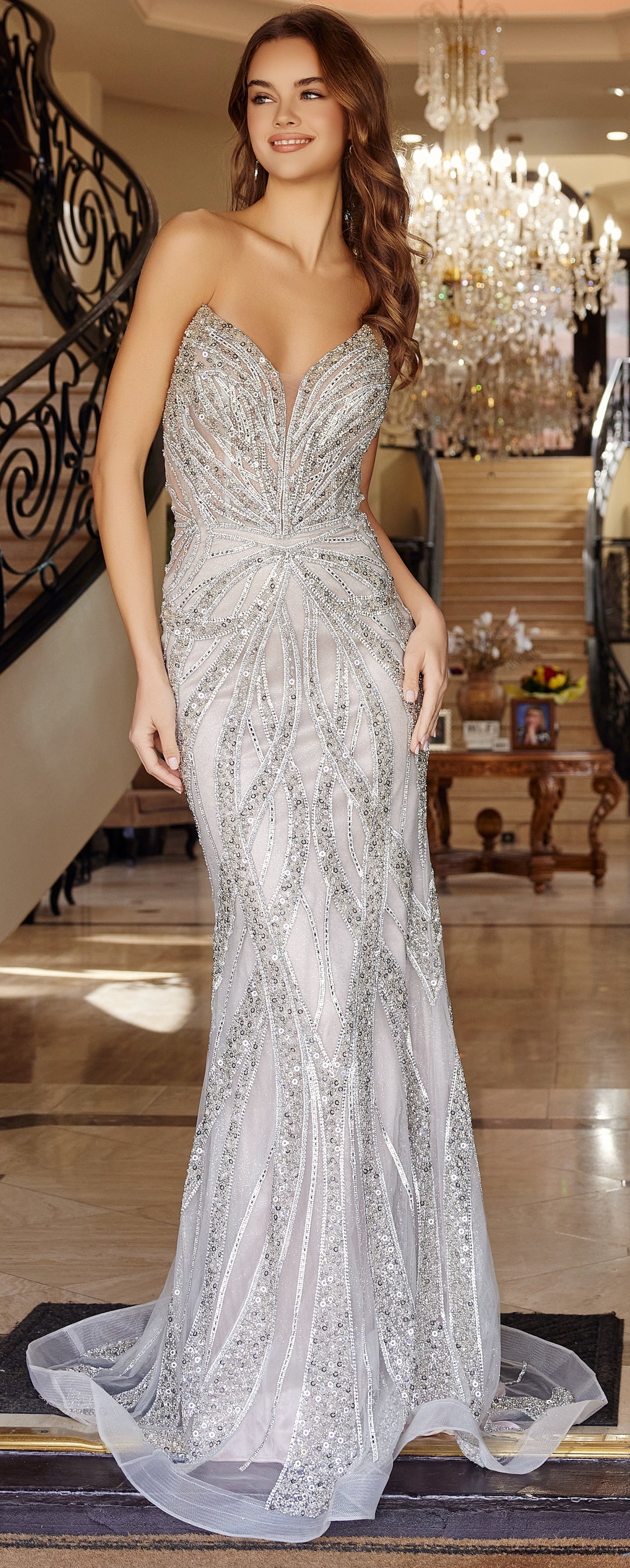 Beaded Tulle Fitted Strapless Gown by Nox Anabel C1833