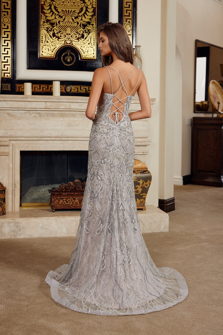 Beaded Tulle V-Neck Slit Gown by Nox Anabel C1834