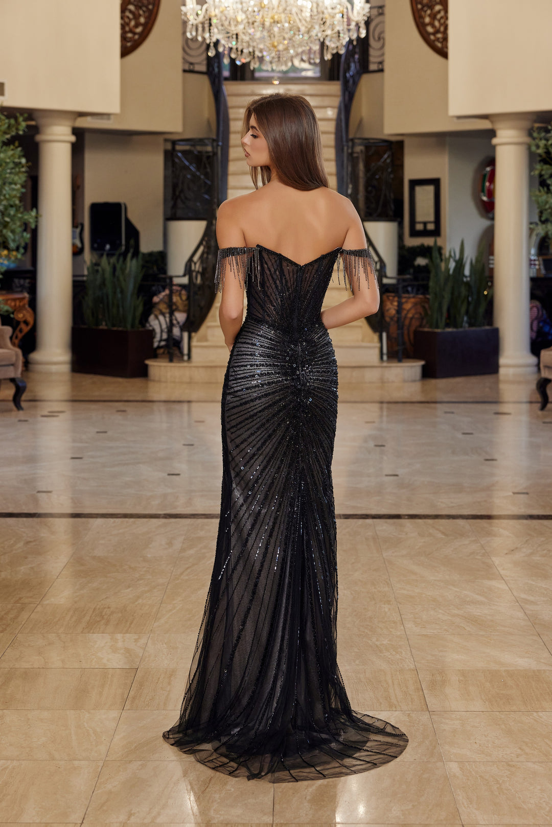 Off Shoulder Fringe Slit Gown by Nox Anabel C1850