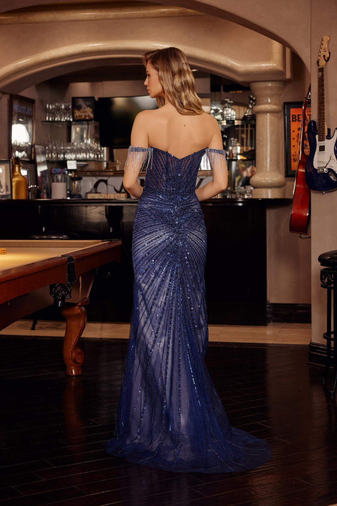 Off Shoulder Fringe Slit Gown by Nox Anabel C1850