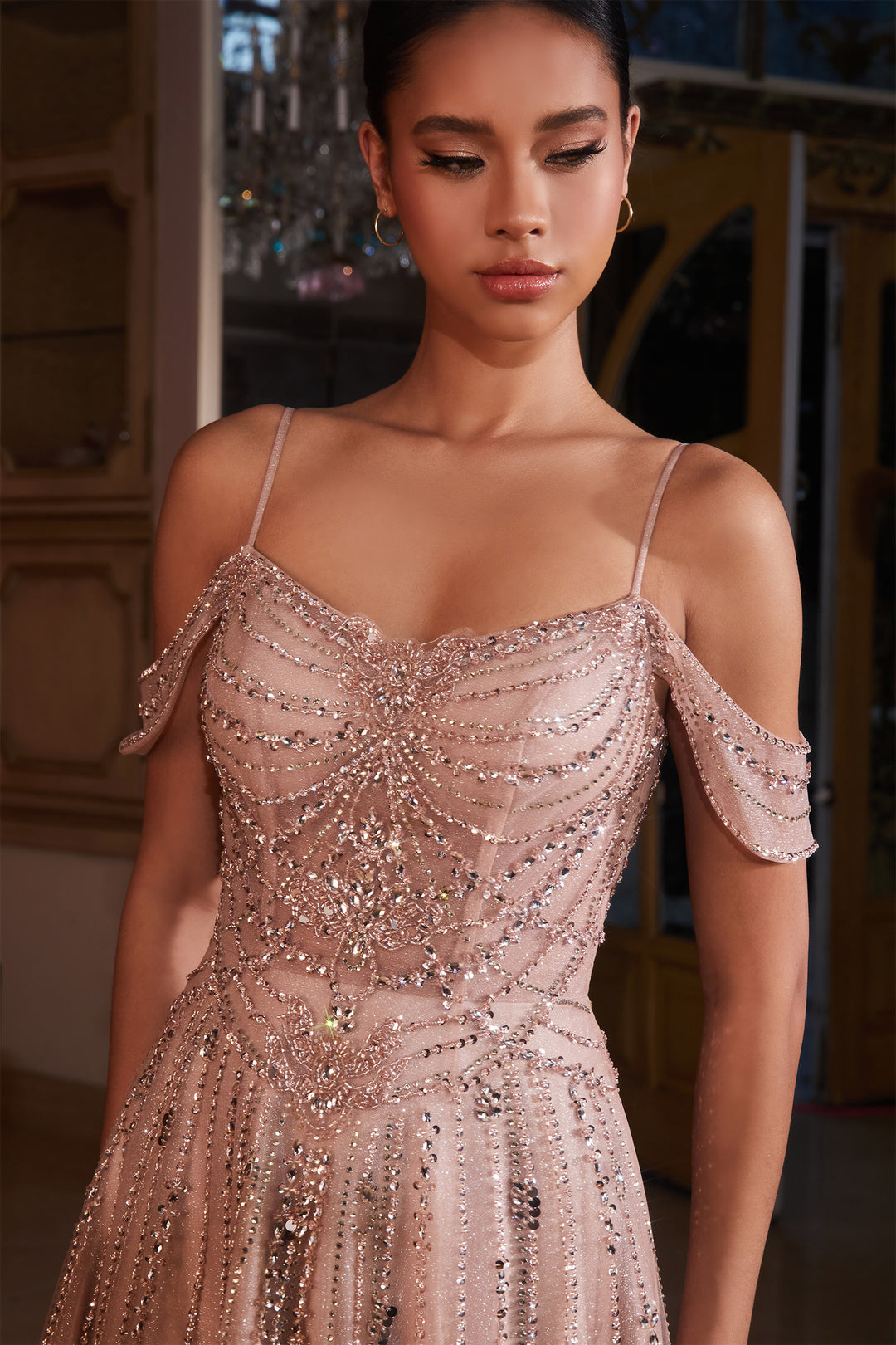 Beaded Cold Shoulder A-line Gown by Ladivine CB147