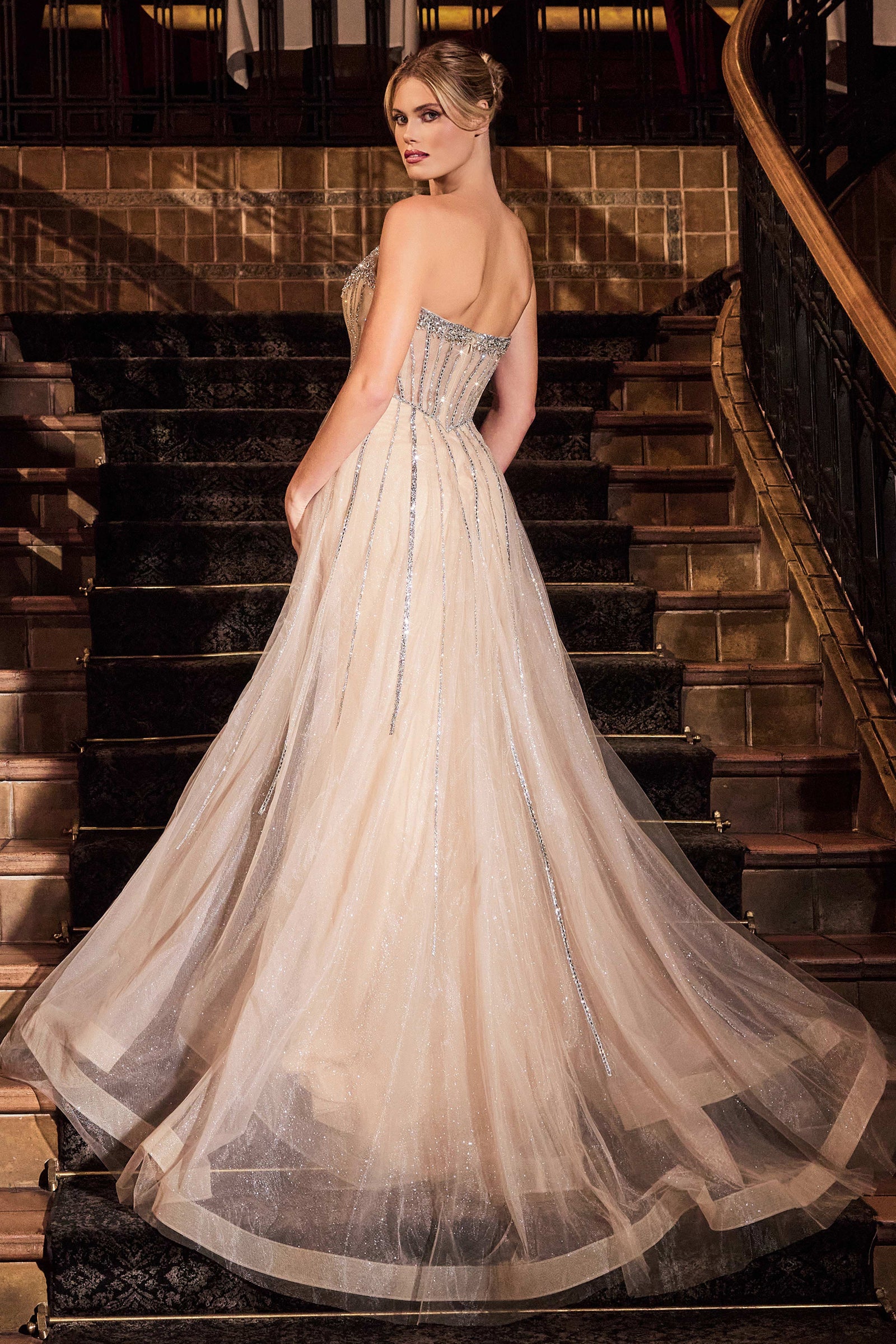Lumignon bicolor goddess dress【ベージュ】 Beaded Strapless Overskirt Gown by Ladivine CB158 – ABC Fashion