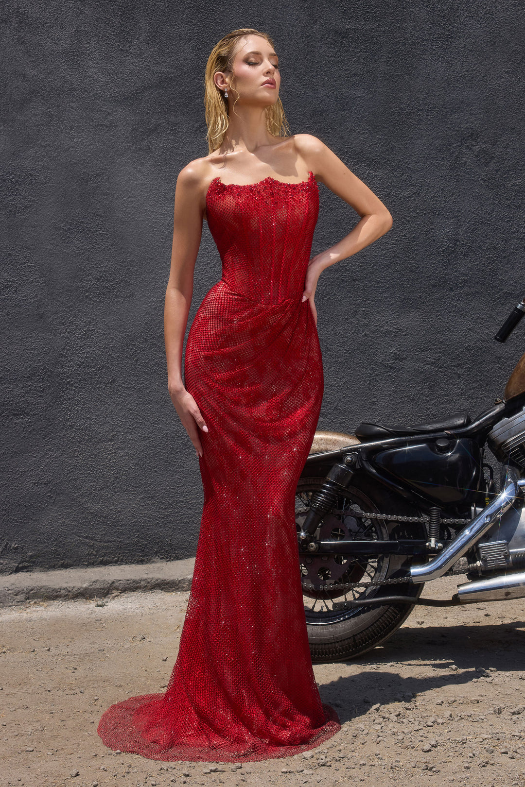 Beaded Mesh Fitted Strapless Gown by Ladivine CB162