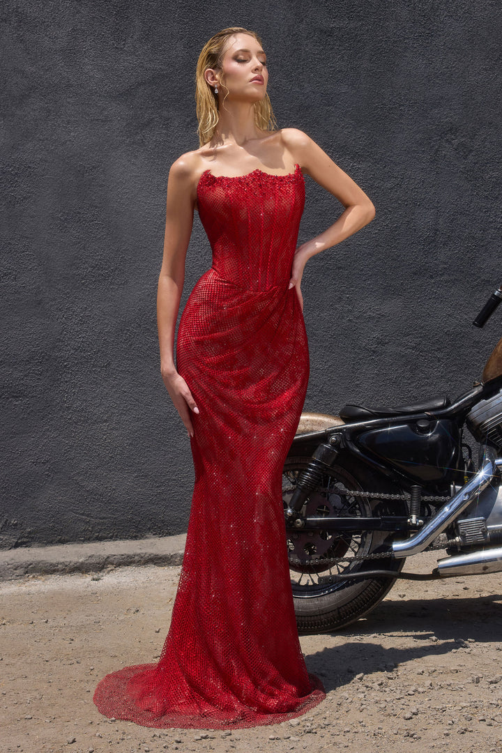 Beaded Mesh Fitted Strapless Gown by Ladivine CB162