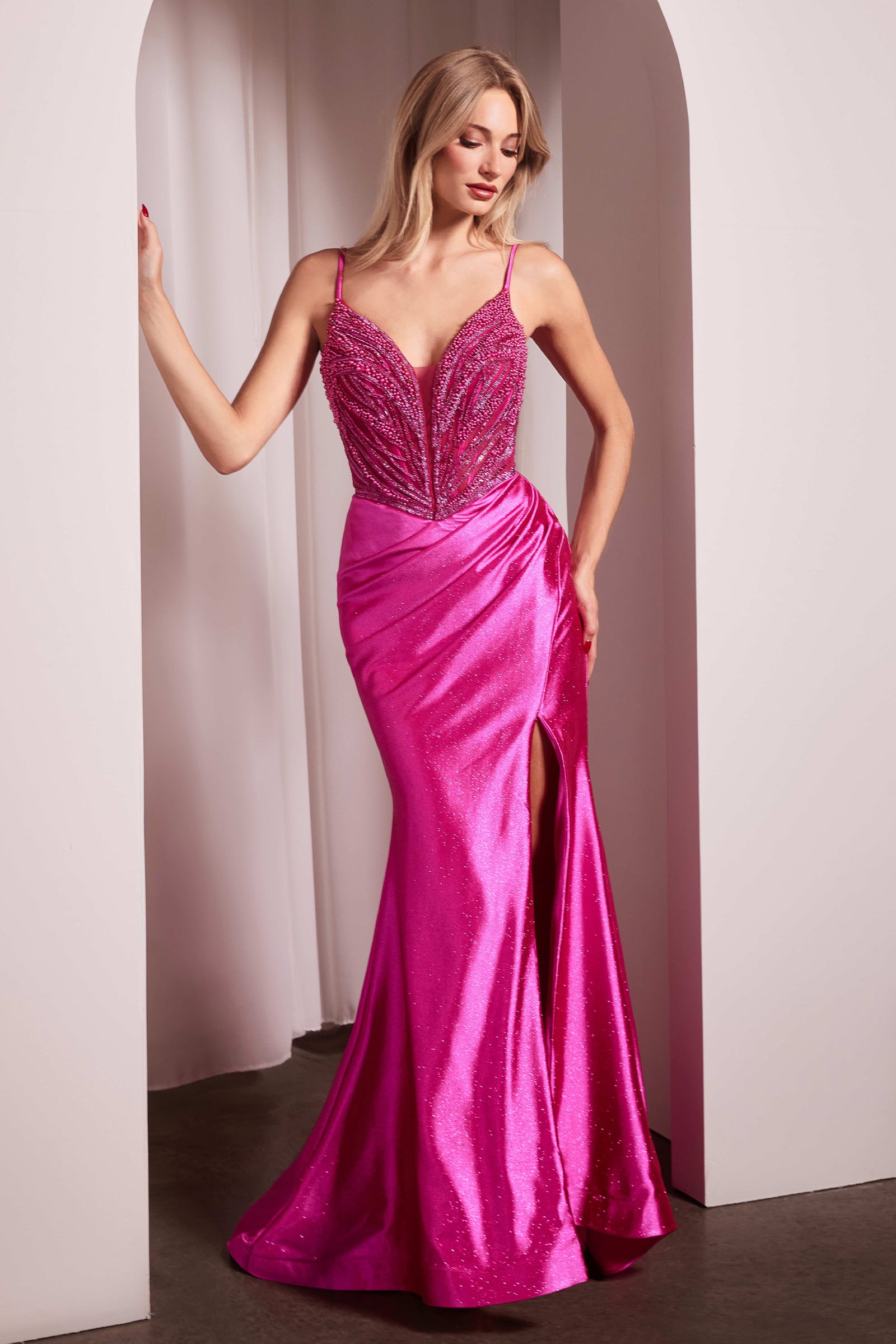 Pearl Beaded V-Neck Slit Gown by Ladivine CC0238 – ABC Fashion