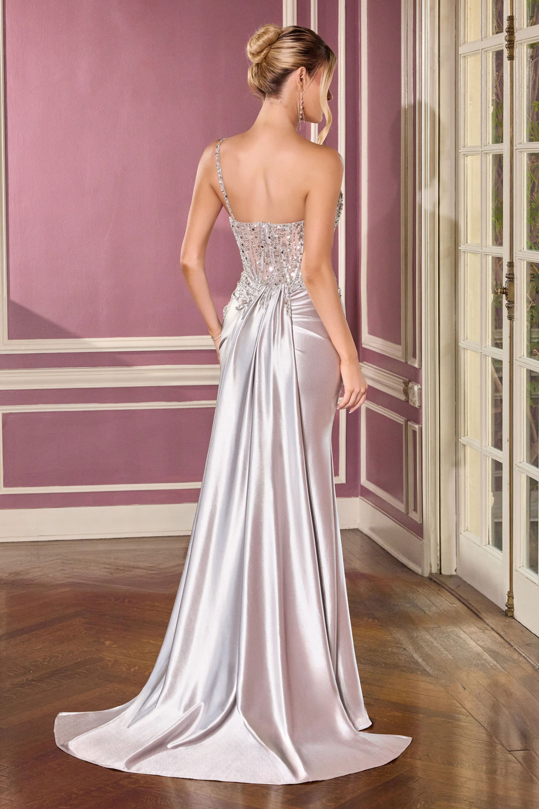 Beaded Satin One Shoulder Gown by Ladivine CC0329